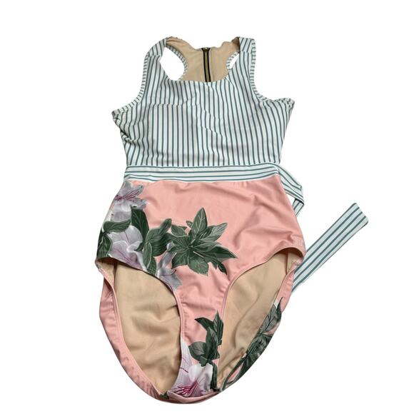 ALBION FIT Island Fever One Piece Swimsuit Floral Striped Women's Size XL FLAWED - Picture 1 of 12